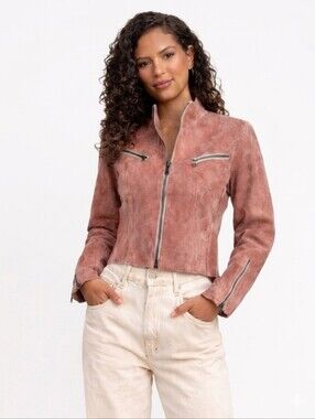 John Carlisle Vintage Dusty Rose Distressed Leather Moto Fitted Jacket